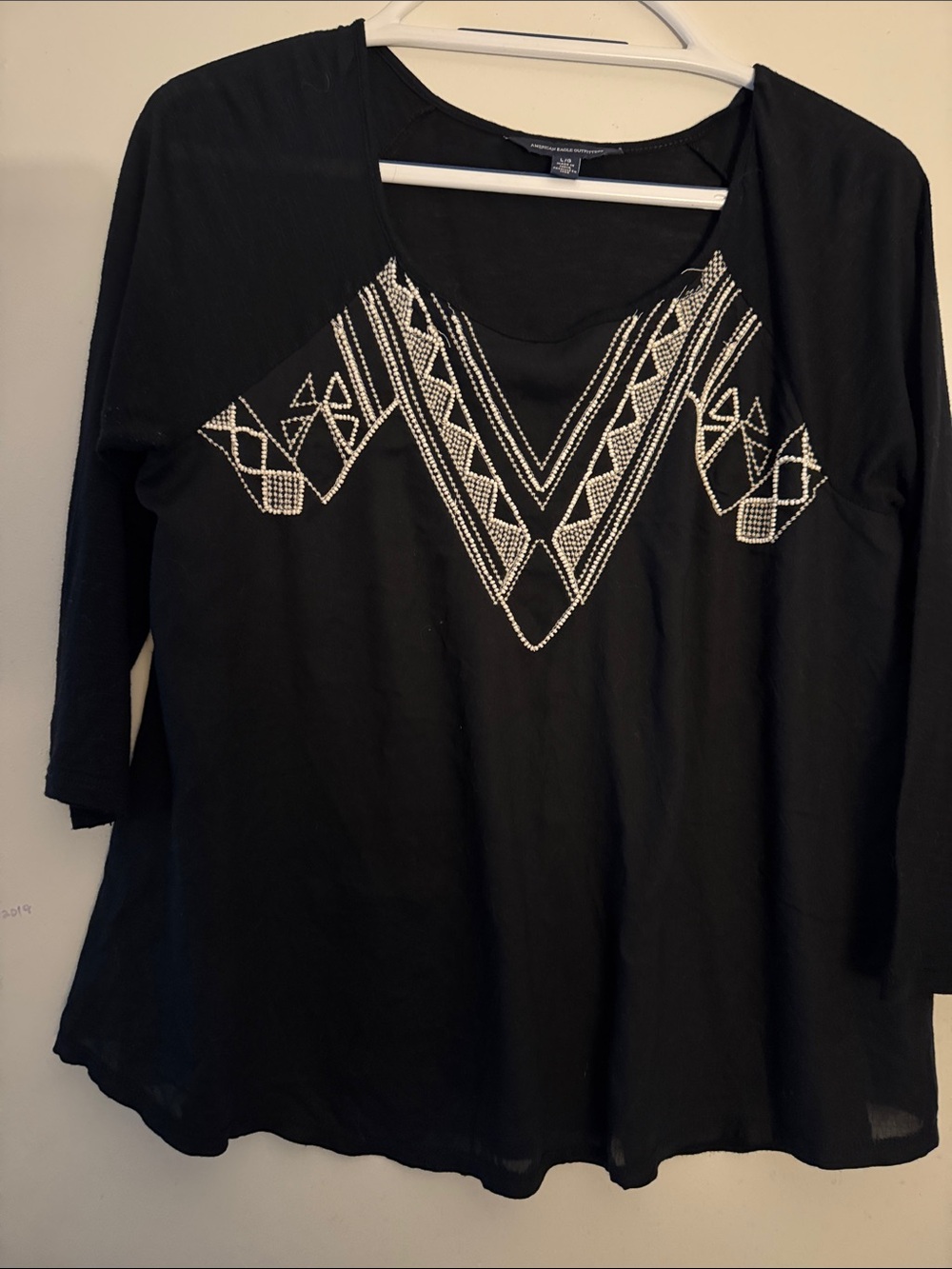 American Eagle Outfitters Black Long-Sleeve V-Neck Top with Silver Beaded Design